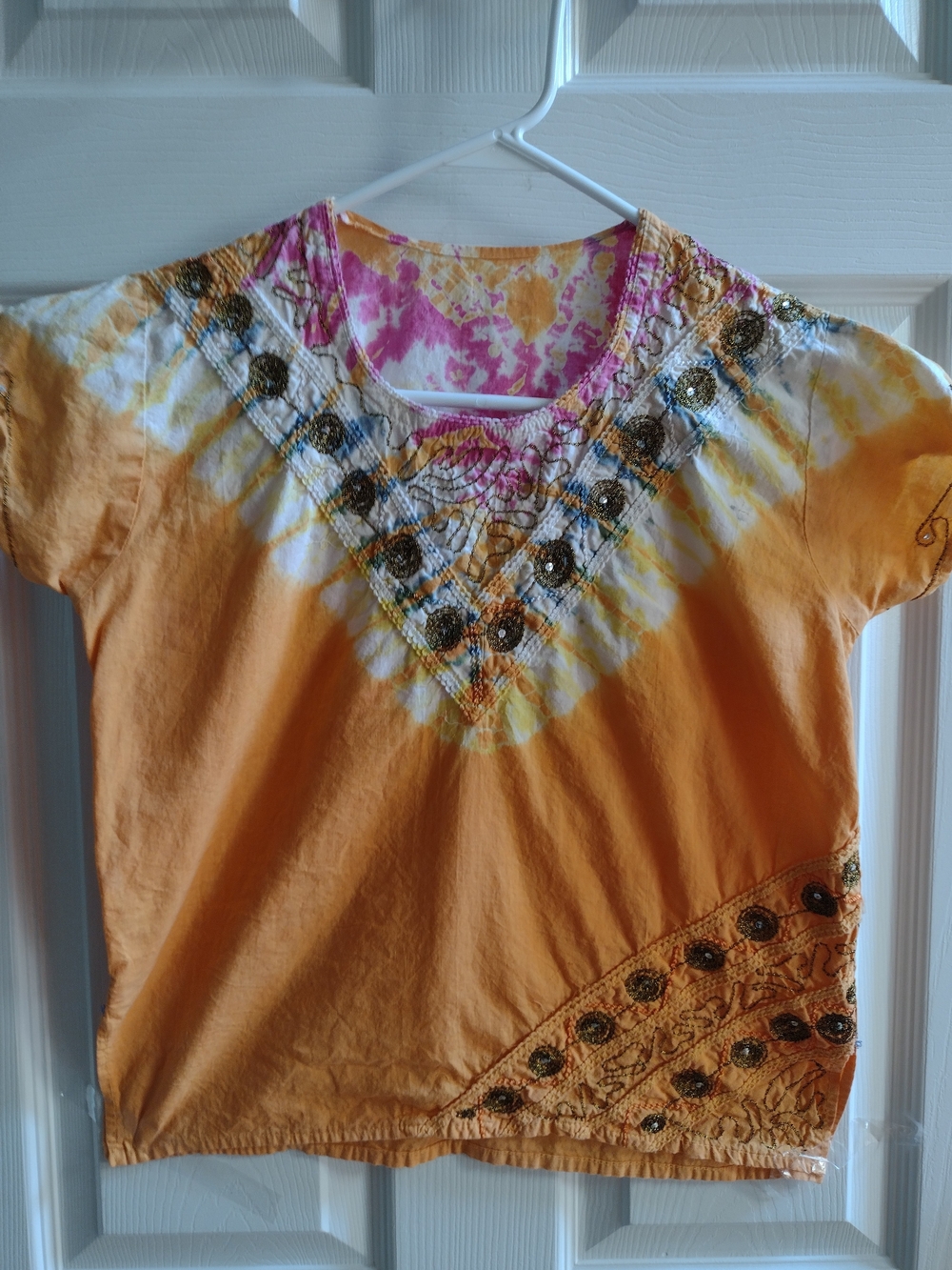 Embellished Orange Tie-Dye Women's Short Sleeve Top